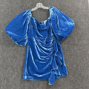 RHODE Adrian Dress Women's 4 Blue Velvet Puff Sleeve Ruched Mini Party